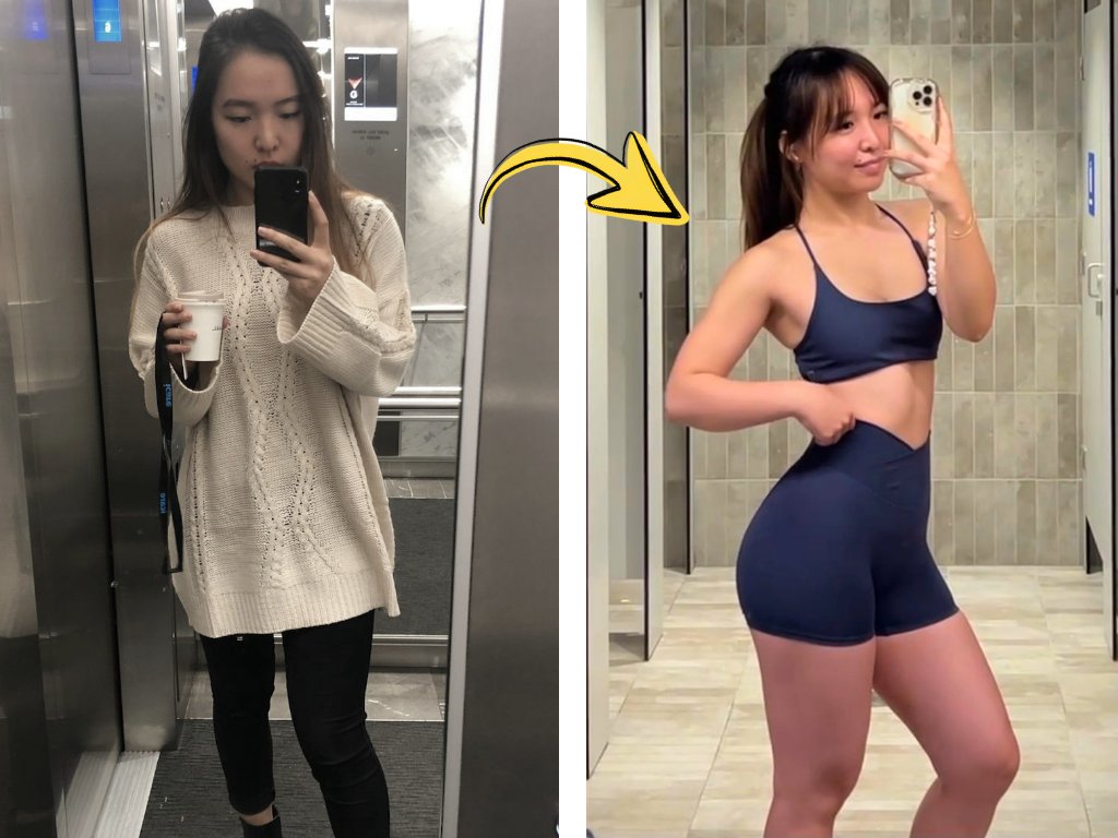 Vanessa before and after: an earlier mirror selfie in a knit jumper, and a later one in navy activewear